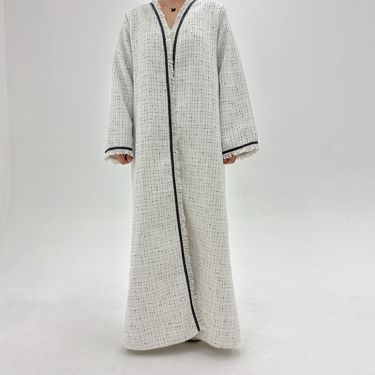 Textured Longline Open Abaya | Fringe-Trim Autumn Layer(MOA355) - Mariam's Collection