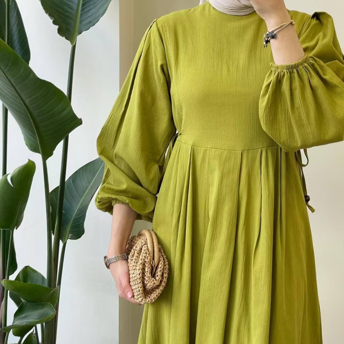 Tie - Waist Bubble Sleeve Abaya | Pleated Maxi Dress with Back Zip(MA364) - Mariam's Collection