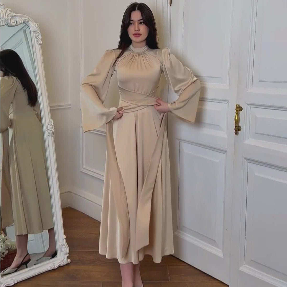 Timeless Waist - Defining Satin Princess Evening Gown Abaya. (MA205) - Mariam's Collection