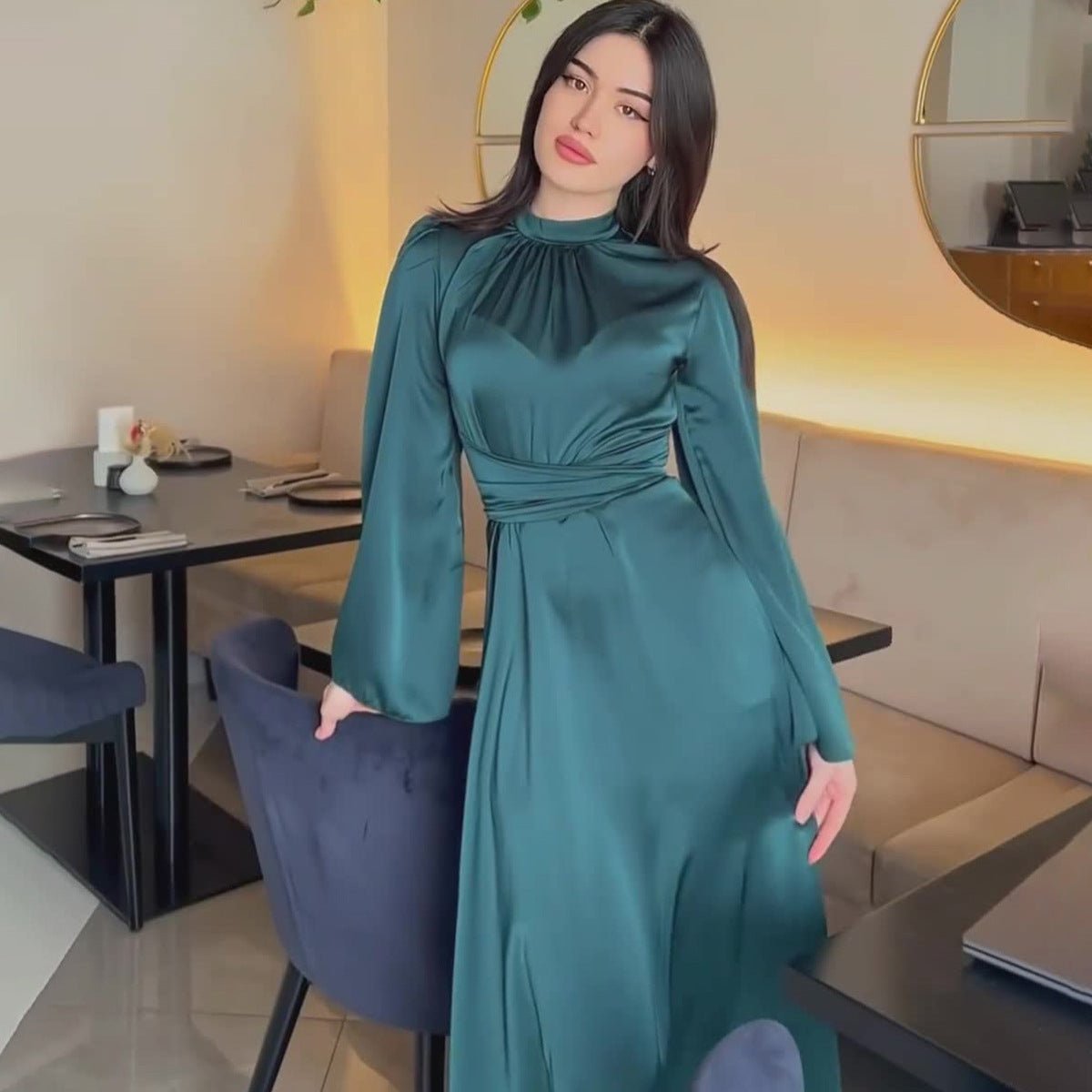 Timeless Waist - Defining Satin Princess Evening Gown Abaya. (MA205) - Mariam's Collection