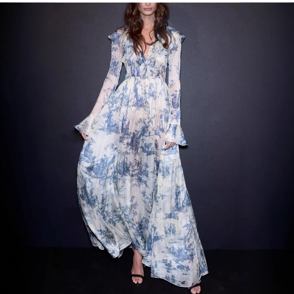 Toile de Jouy Print Ruffle Maxi Dress(MS422) - Mariam's Collection
