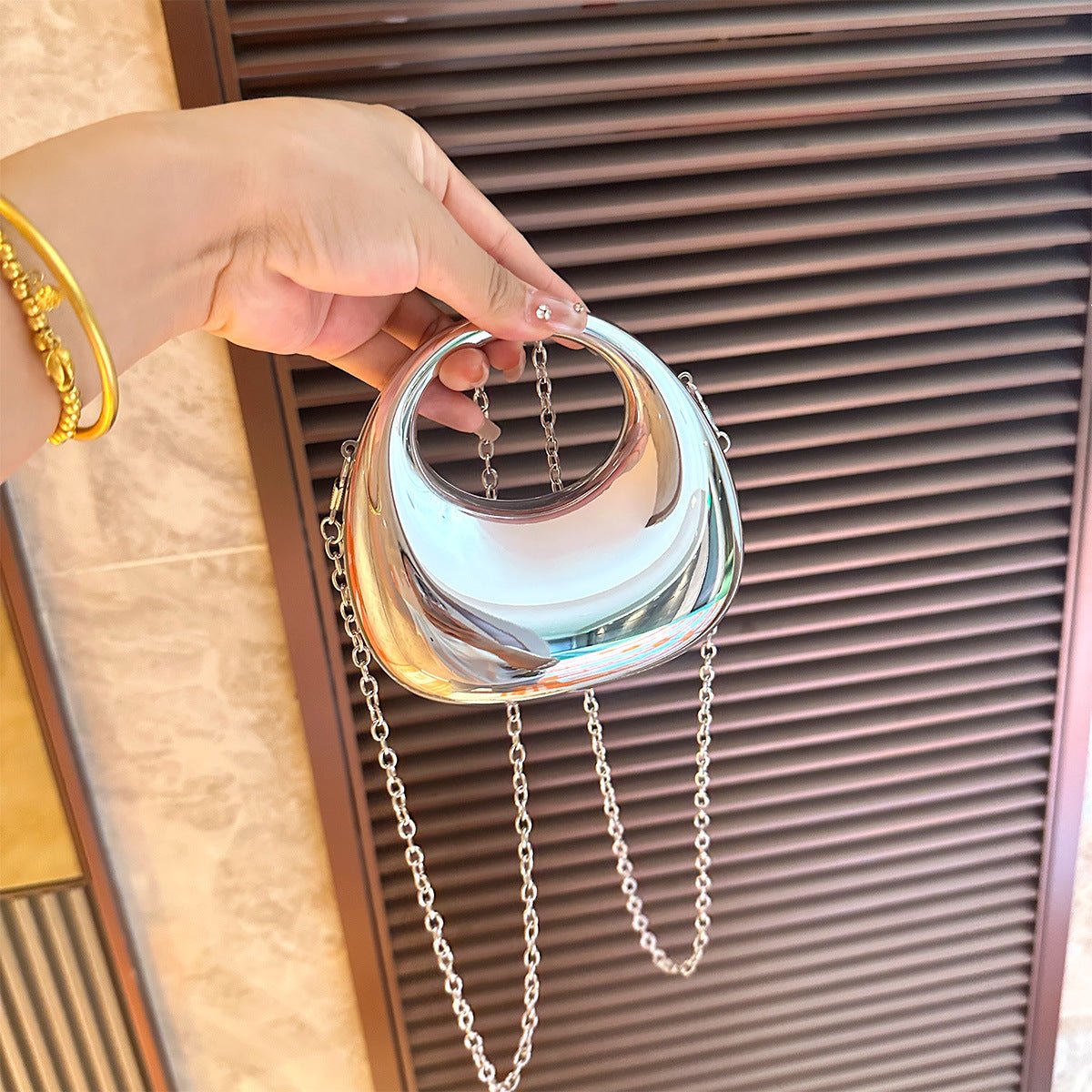 Trendy Acrylic Handbag for Women - Shiny Metal Crossbody/Shoulder Tote (Mini Crescent Design)(MAC239) - Mariam's Collection