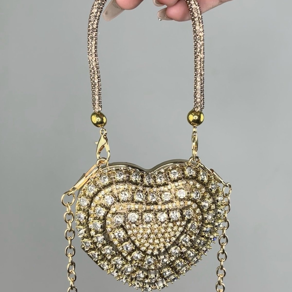 Trendy Mini Heart Chain Clutch Bag with Rhinestones – Elegant Evening Crossbody Purse for Women(MAC240) - Mariam's Collection