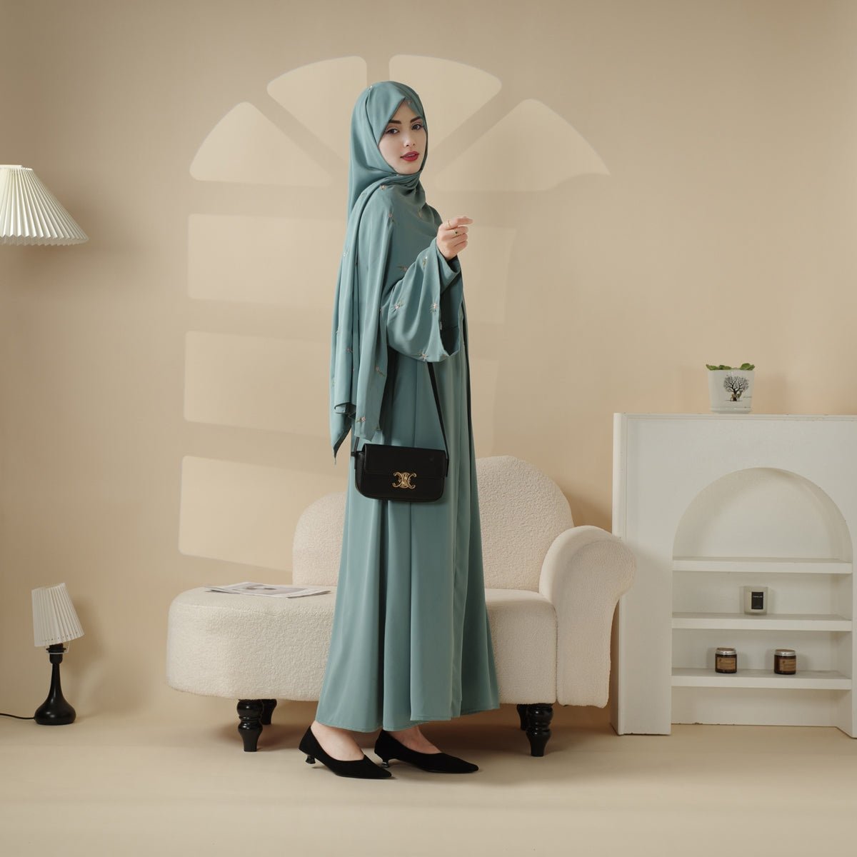 Tulip Embroidery Open Abaya 4 - Piece Set (MOA051) - Mariam's Collection