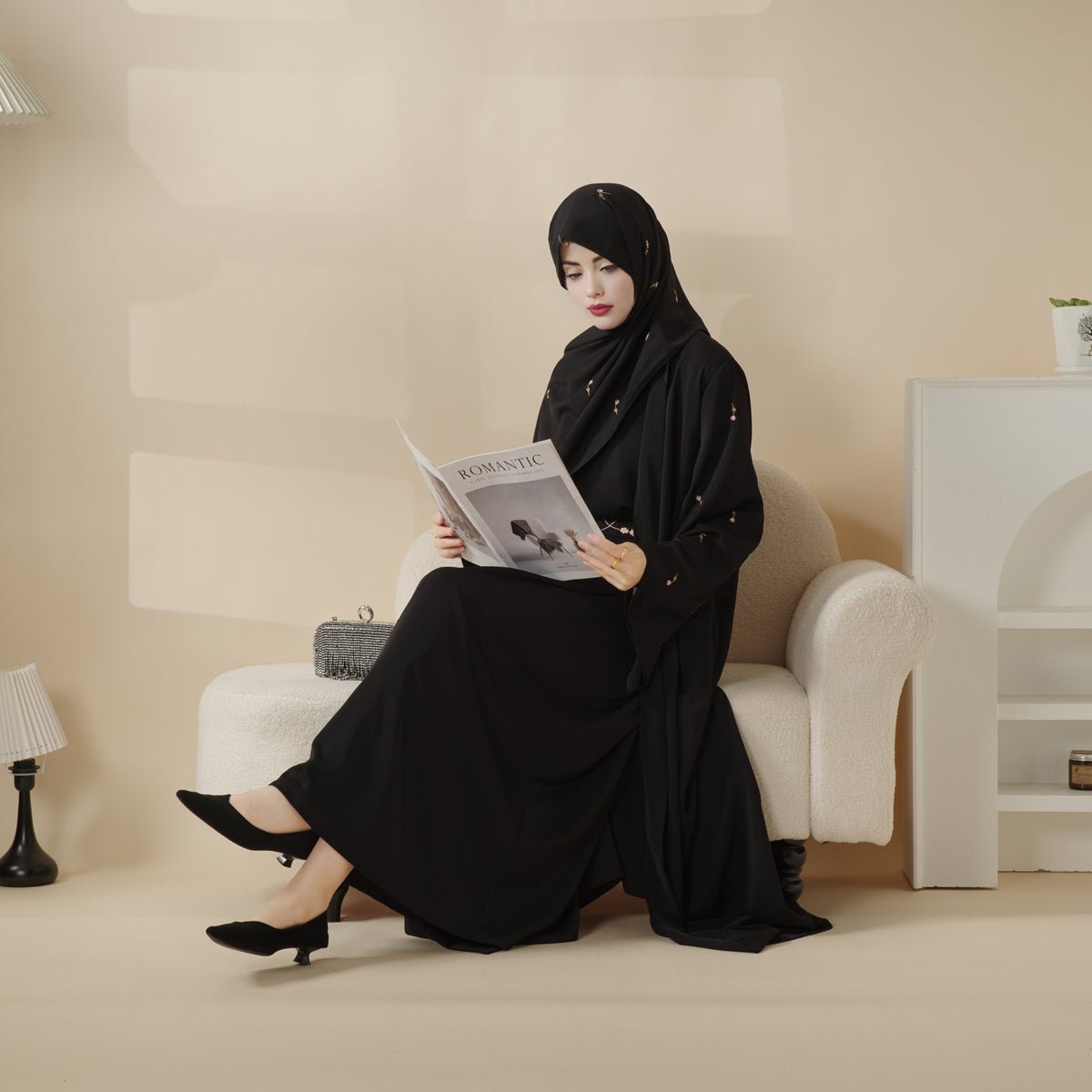 Tulip Embroidery Open Abaya 4 - Piece Set (MOA051) - Mariam's Collection