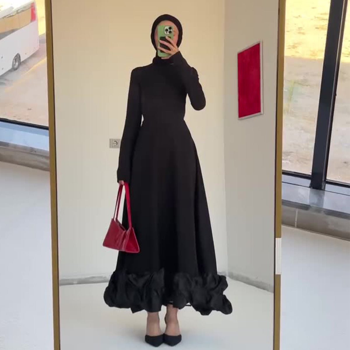 Tulle Ruffle Hem Evening Gown | High Neck Fitted Maxi Dress(MS234) - Mariam's Collection