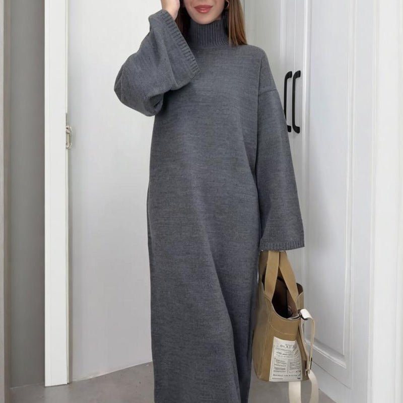 Side profile of relaxed straight-cut modest long sweater dress