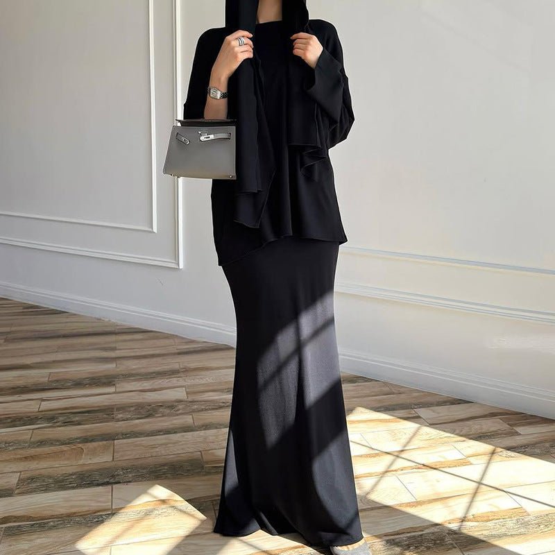 Two-piece modest set in black with integrated attached hijab