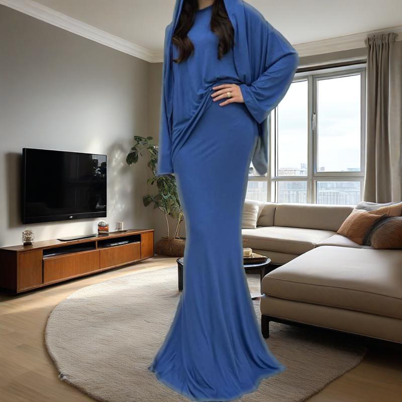 Two-piece ensemble with integrated hijab and matching separates
