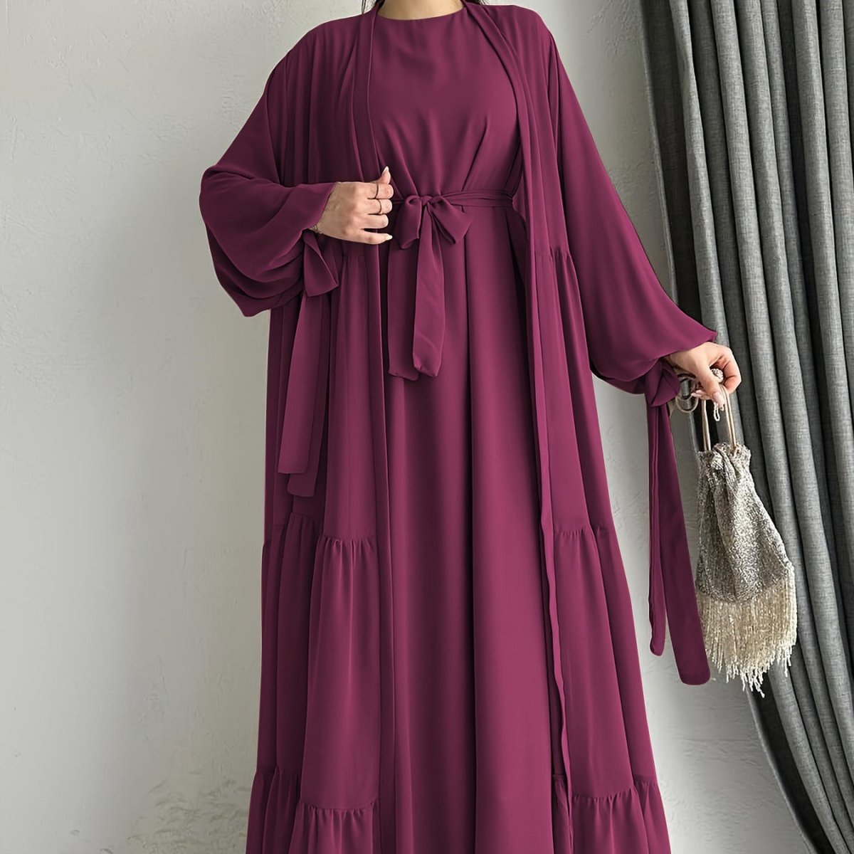 Two - Piece Tiered Dress & Tie - Sleeve Cardigan Set(MOA292) - Mariam's Collection