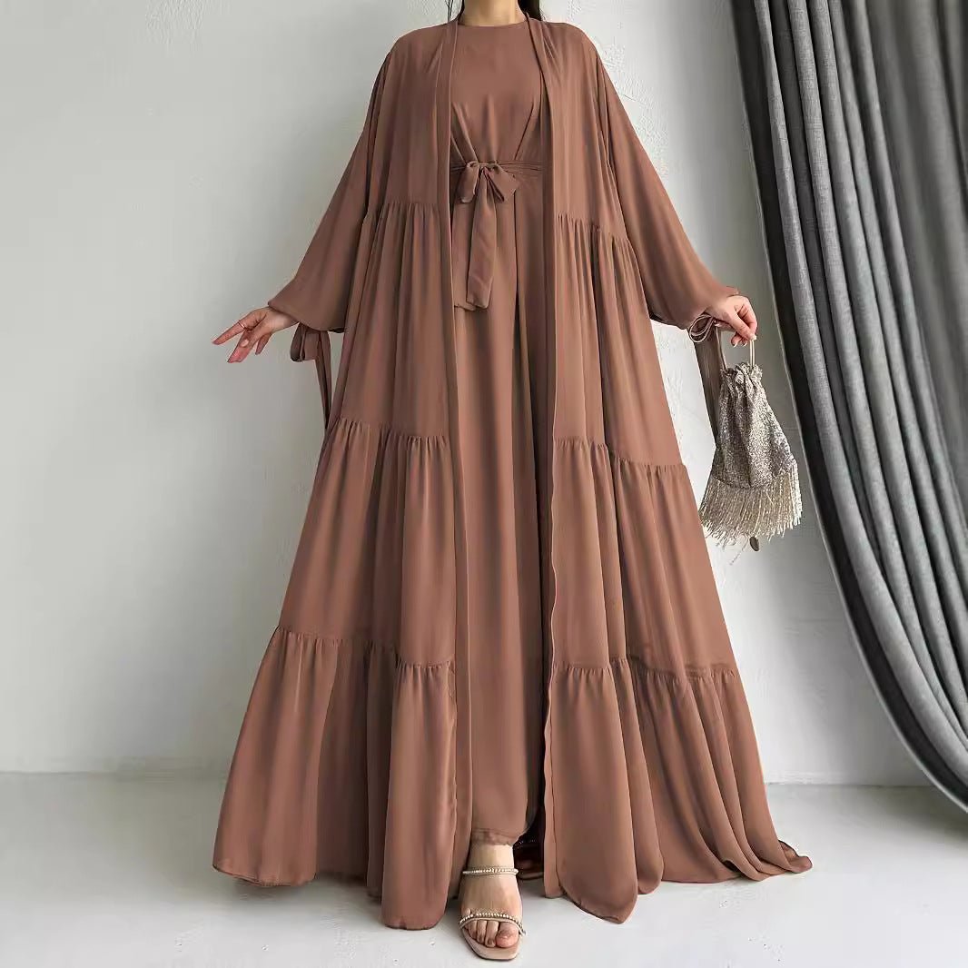 Two-Piece Tiered Dress & Tie-Sleeve Cardigan Set