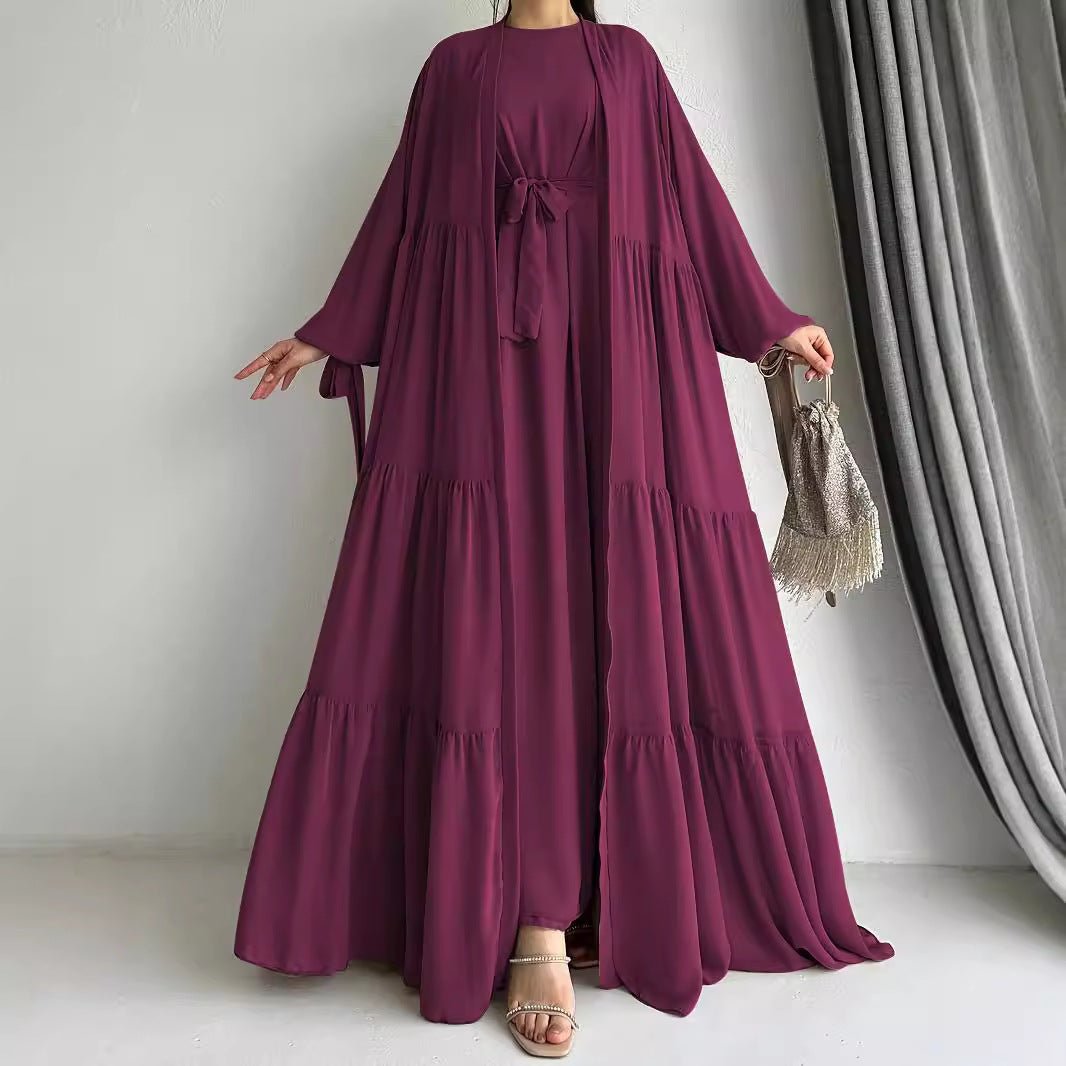 Two-Piece Tiered Dress & Tie-Sleeve Cardigan Set