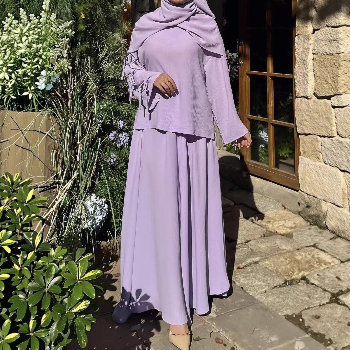 Modest co-ord set in lavender purple with textured fabric and pockets