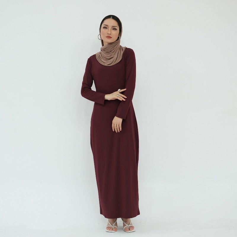 Ultra Long Milk Silk Soft Layering Essential Base Dress | Round Neck Pullover Maxi Underdress(MA319) - Mariam's Collection