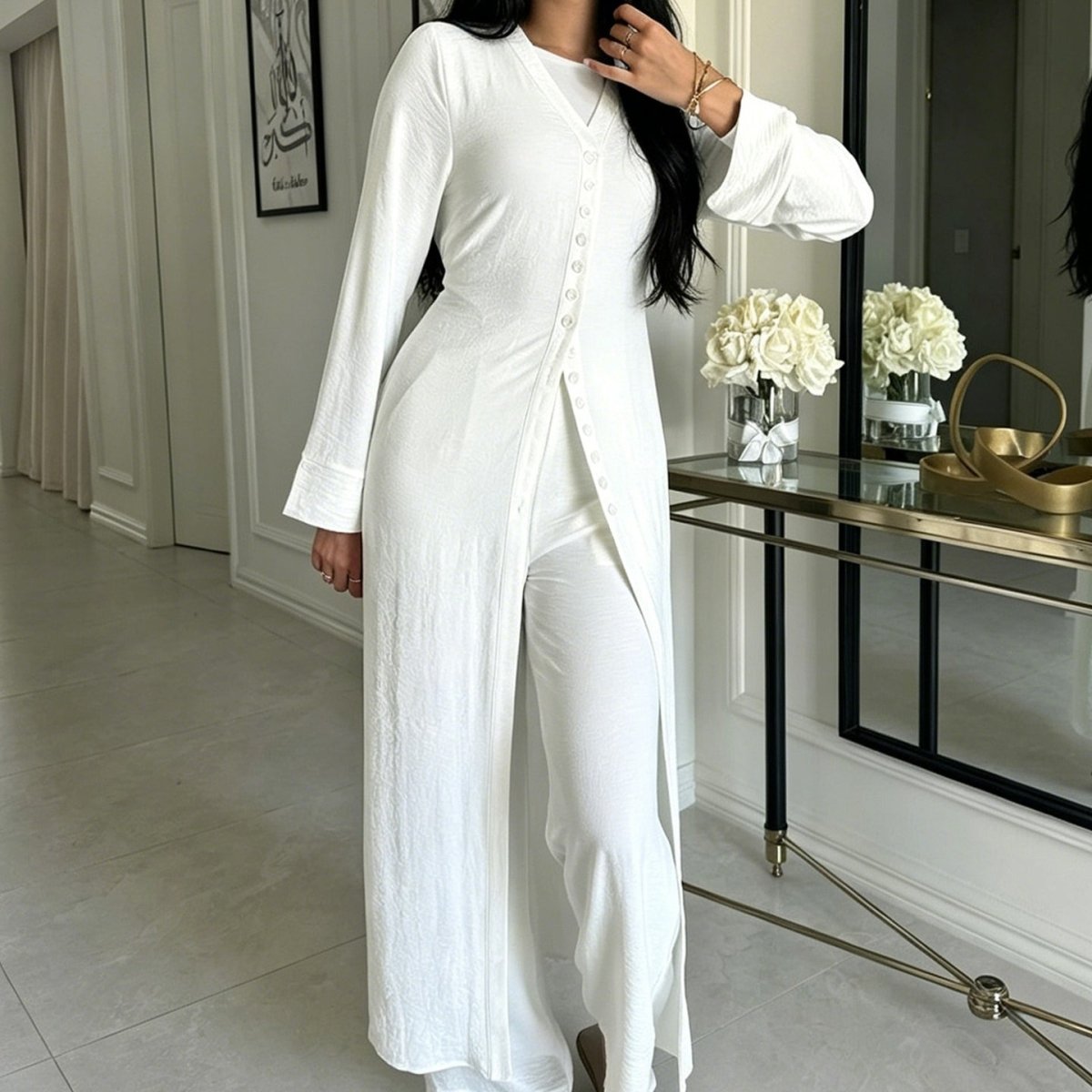 V-Neck Button-Through Longline Cardigan & Wide-Leg Trouser Set(MS470) - Mariam's Collection