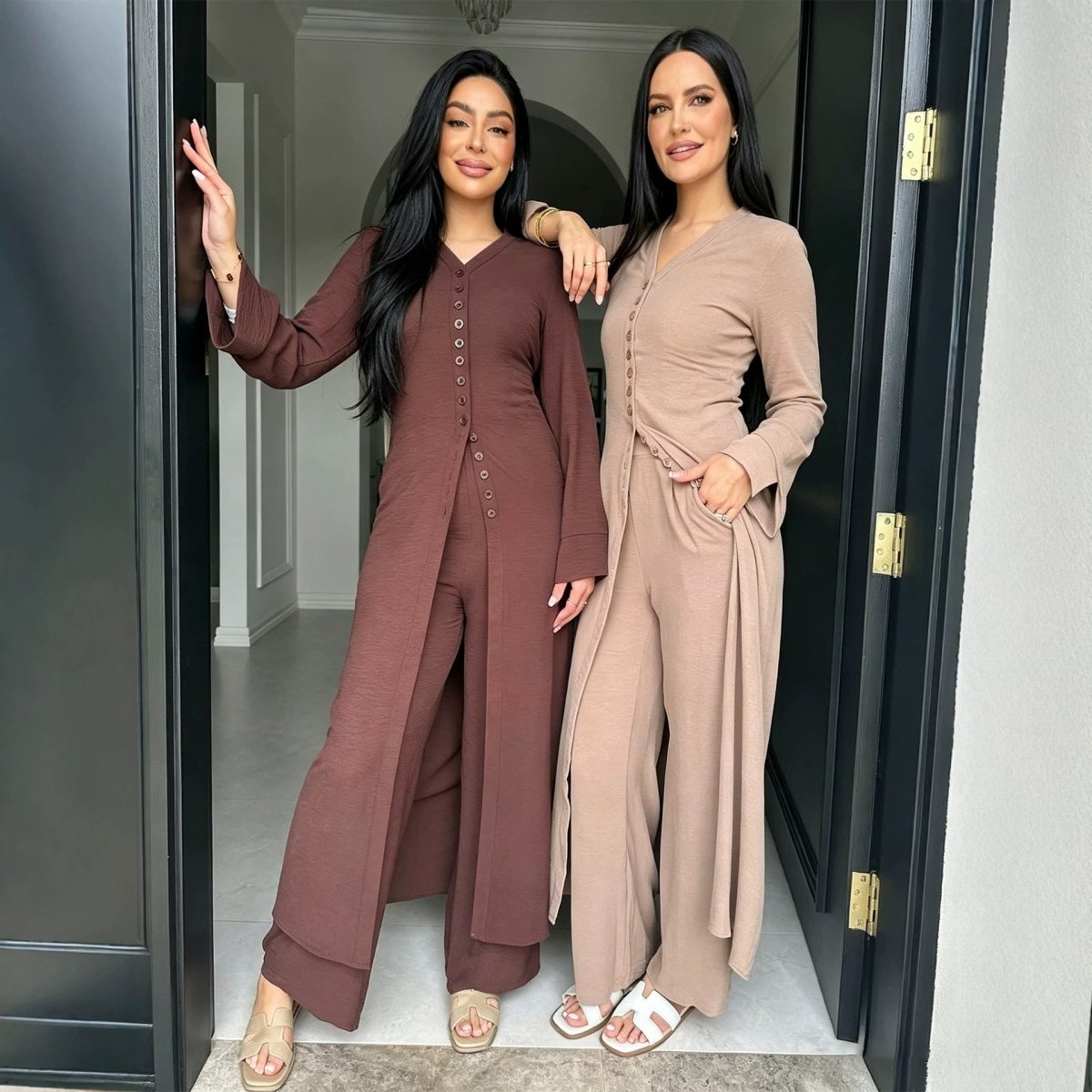 V-Neck Button-Through Longline Cardigan & Wide-Leg Trouser Set(MS470) - Mariam's Collection