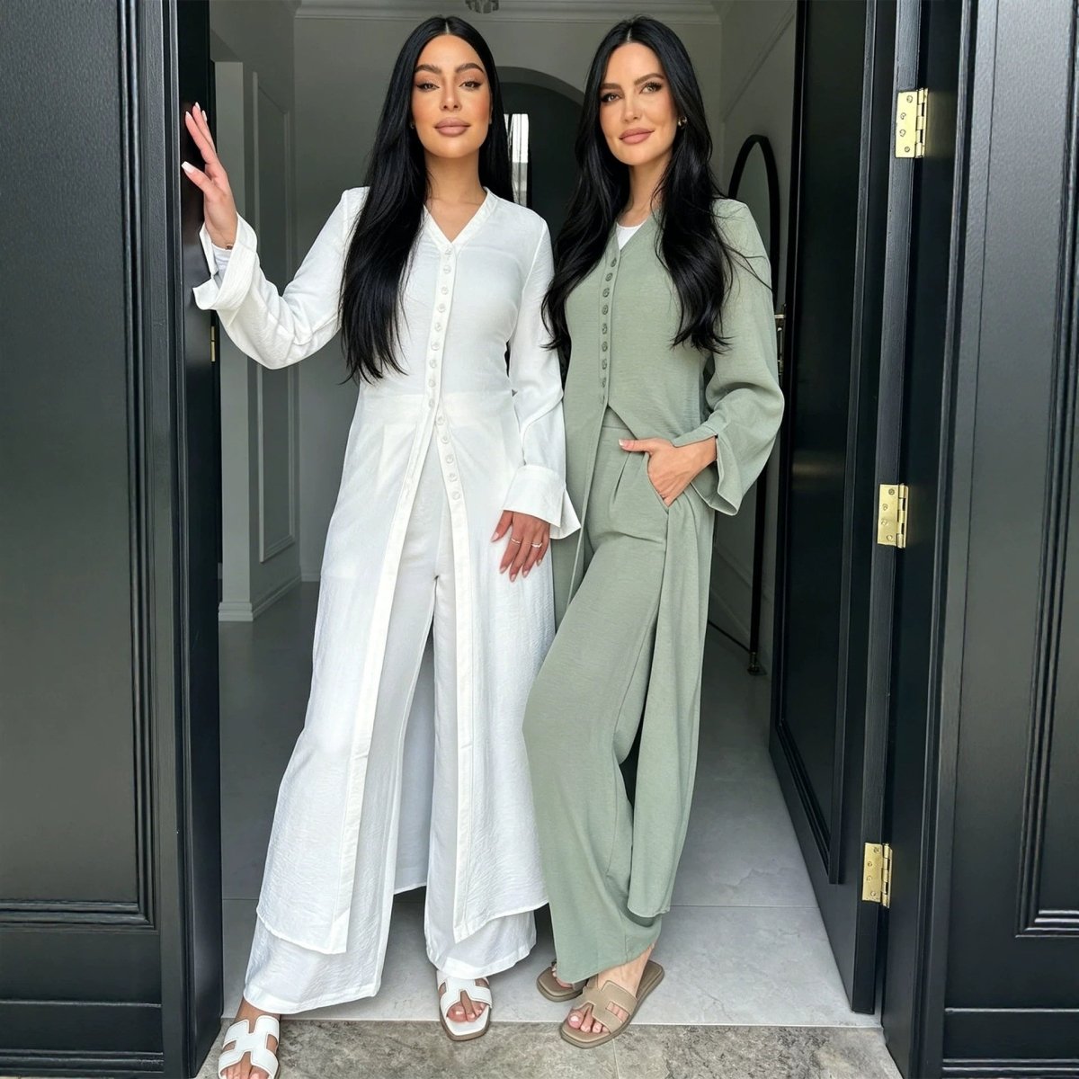 V-Neck Button-Through Longline Cardigan & Wide-Leg Trouser Set(MS470) - Mariam's Collection