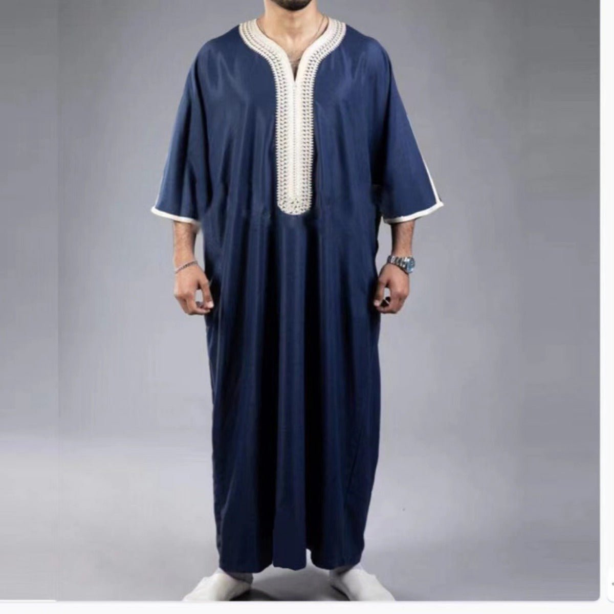 V - Neck Geometric Stitching Embroidered Medium Short Sleeve Muslim Robe Thobe. (MT030) - Mariam's Collection
