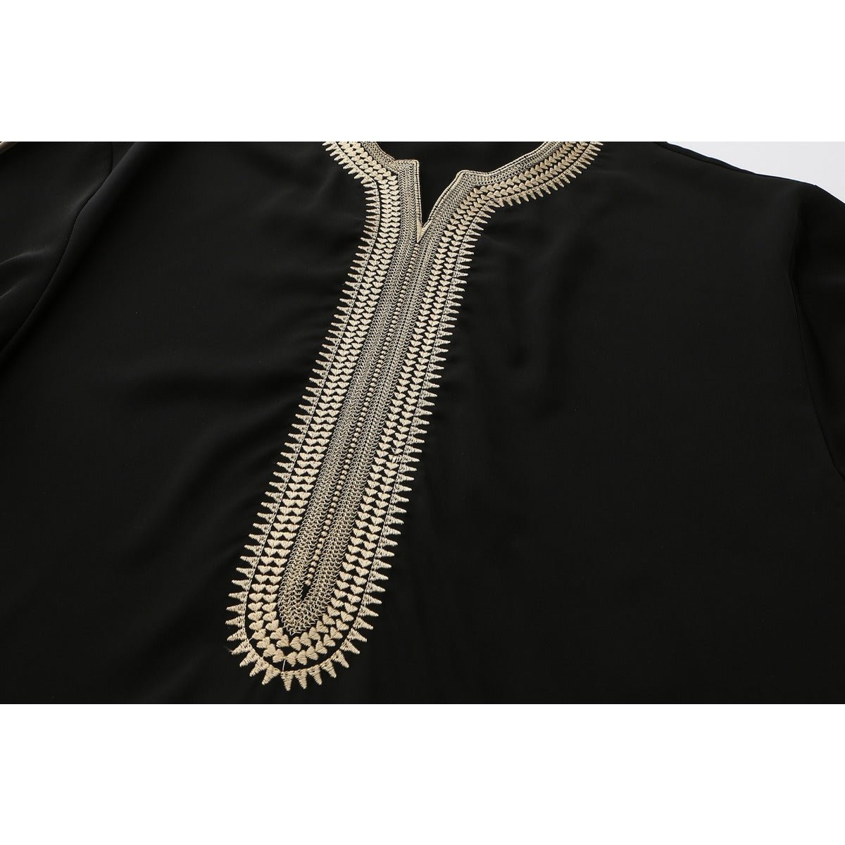 V - Neck Geometric Stitching Embroidered Medium Short Sleeve Muslim Robe Thobe. (MT030) - Mariam's Collection