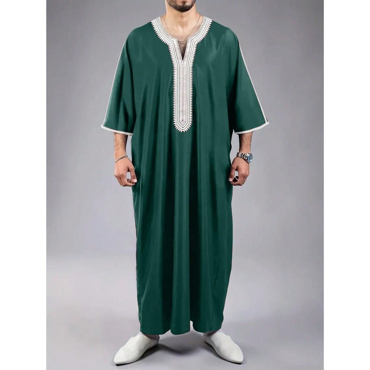 V - Neck Geometric Stitching Embroidered Medium Short Sleeve Muslim Robe Thobe. (MT030) - Mariam's Collection