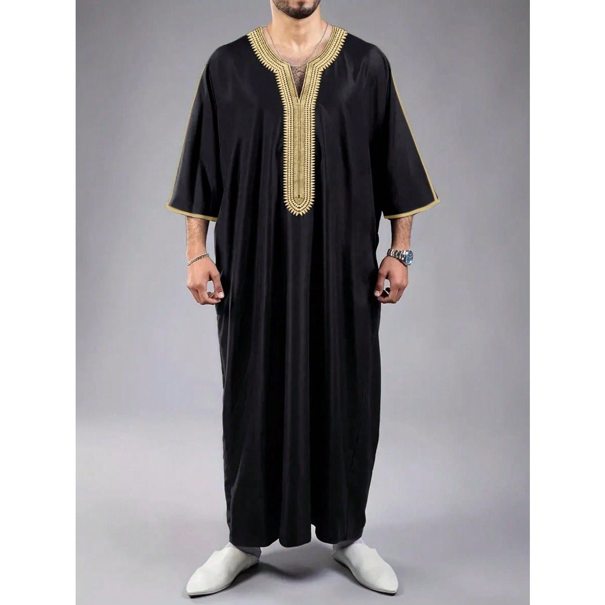 V - Neck Geometric Stitching Embroidered Medium Short Sleeve Muslim Robe Thobe. (MT030) - Mariam's Collection