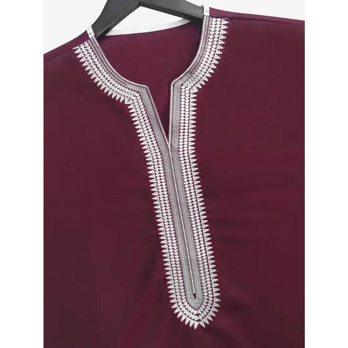 V - Neck Geometric Stitching Embroidered Medium Short Sleeve Muslim Robe Thobe. (MT030) - Mariam's Collection