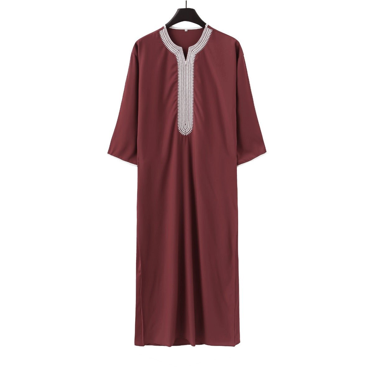 V - Neck Geometric Stitching Embroidered Medium Short Sleeve Muslim Robe Thobe. (MT030) - Mariam's Collection