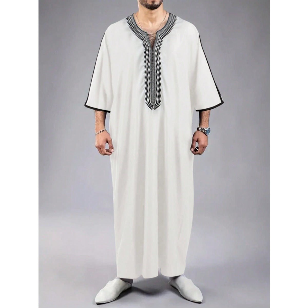 V - Neck Geometric Stitching Embroidered Medium Short Sleeve Muslim Robe Thobe. (MT030) - Mariam's Collection