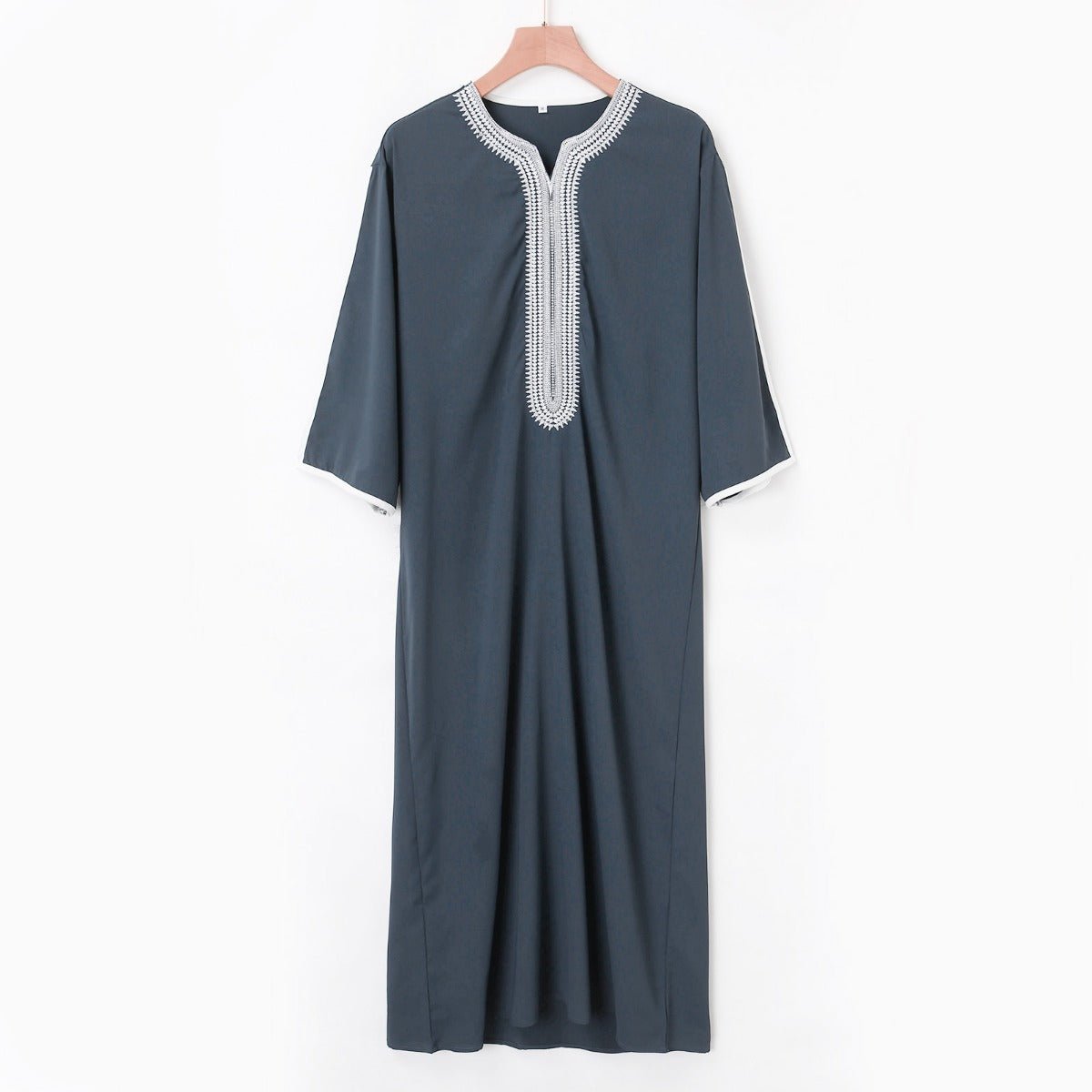 V - Neck Geometric Stitching Embroidered Medium Short Sleeve Muslim Robe Thobe. (MT030) - Mariam's Collection