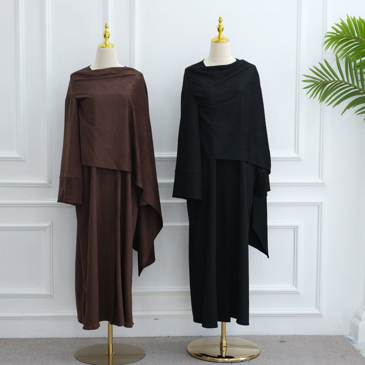 V - Neck Suede - Look Abaya with Attached Cape(MOA247) - Mariam's Collection