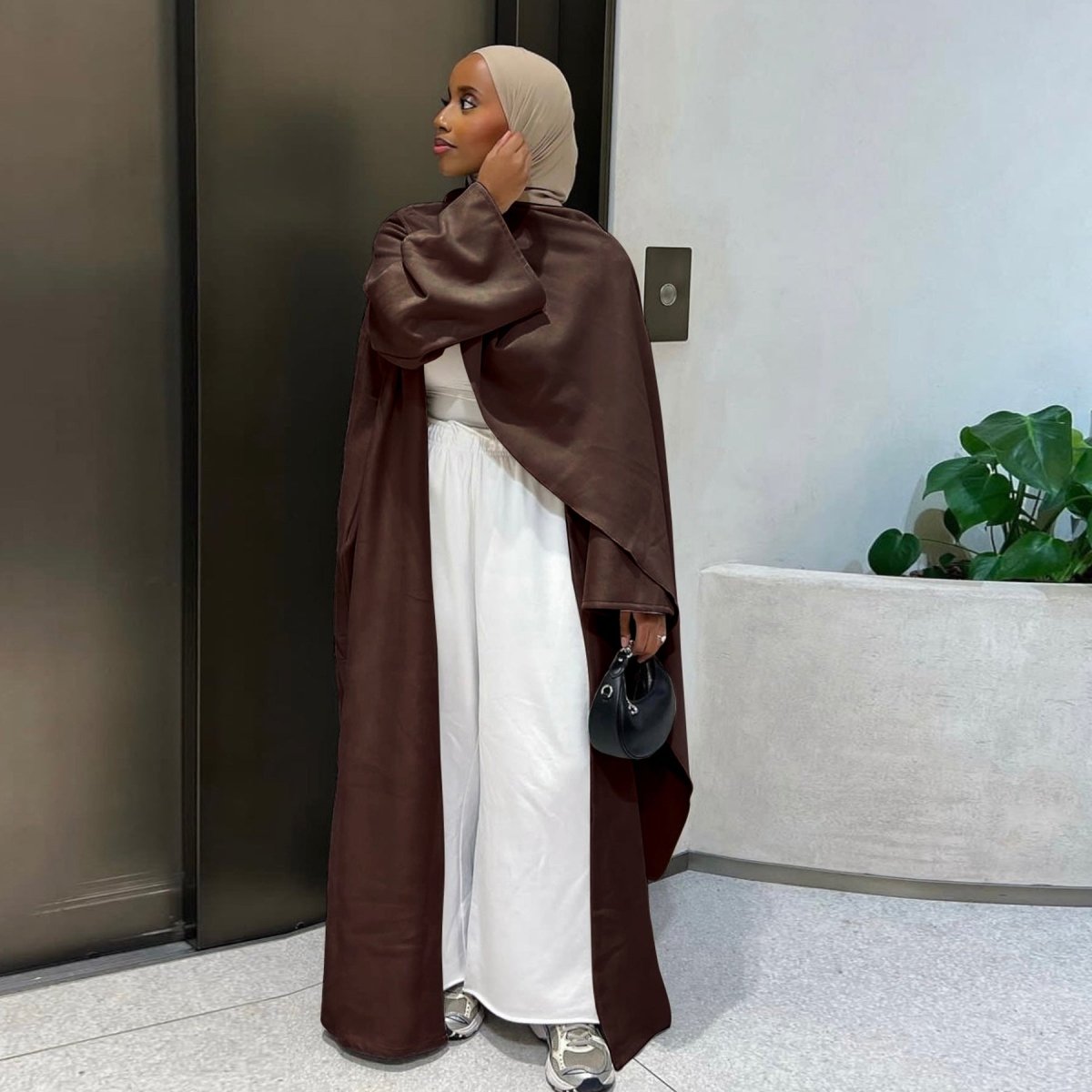 V - Neck Suede - Look Abaya with Attached Cape(MOA247) - Mariam's Collection