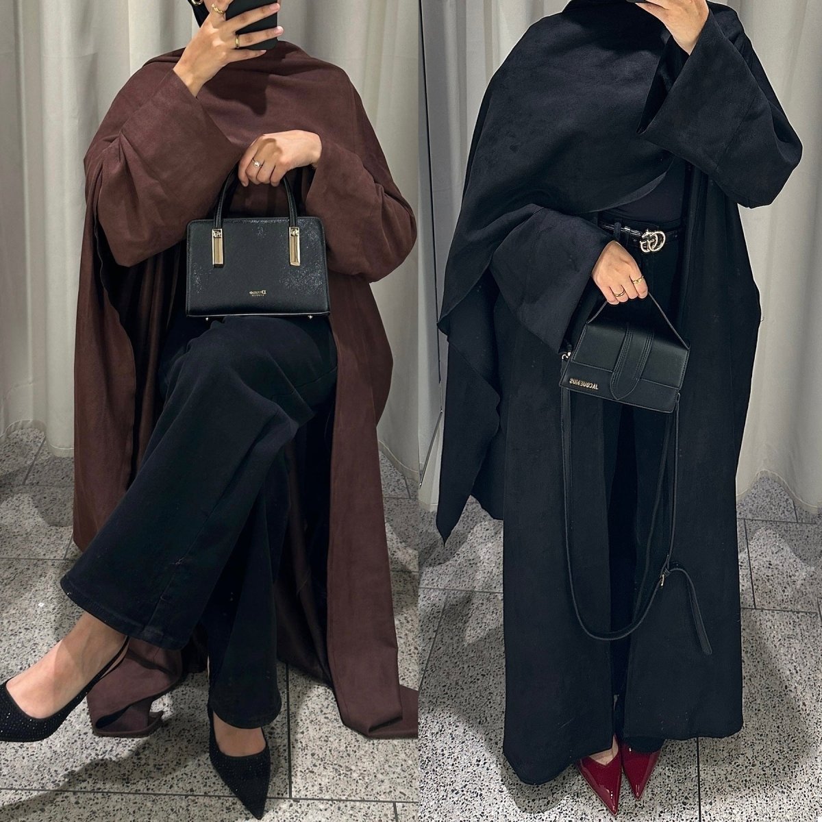 V - Neck Suede - Look Abaya with Attached Cape(MOA247) - Mariam's Collection