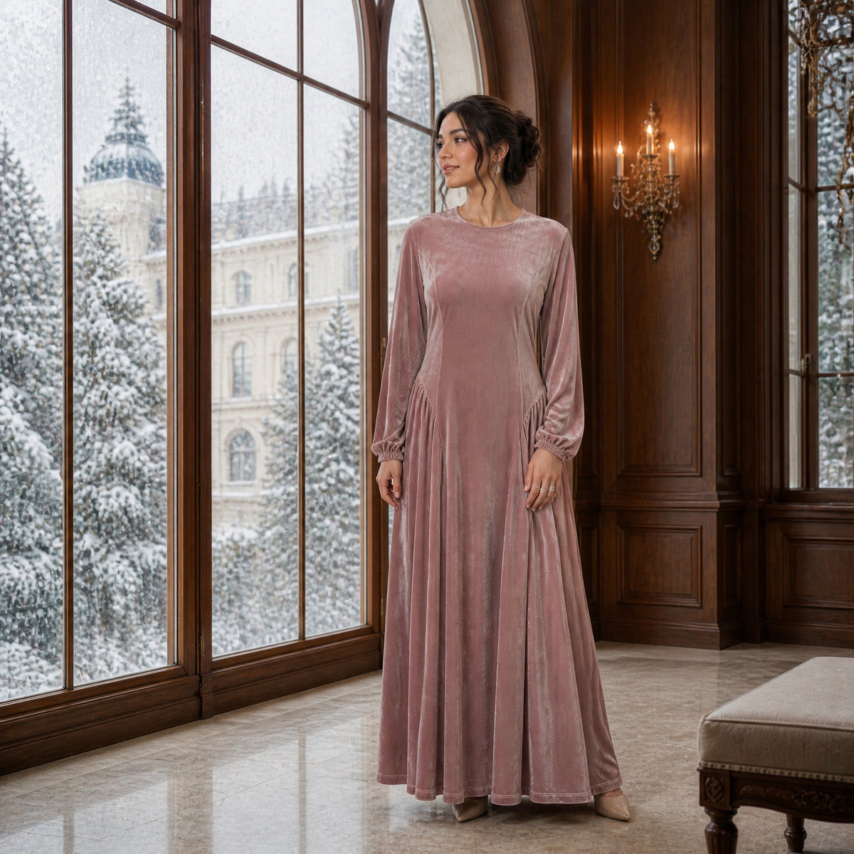 Velvet-Look Fit-and-Flare Maxi Dress(MS562) - Mariam's Collection