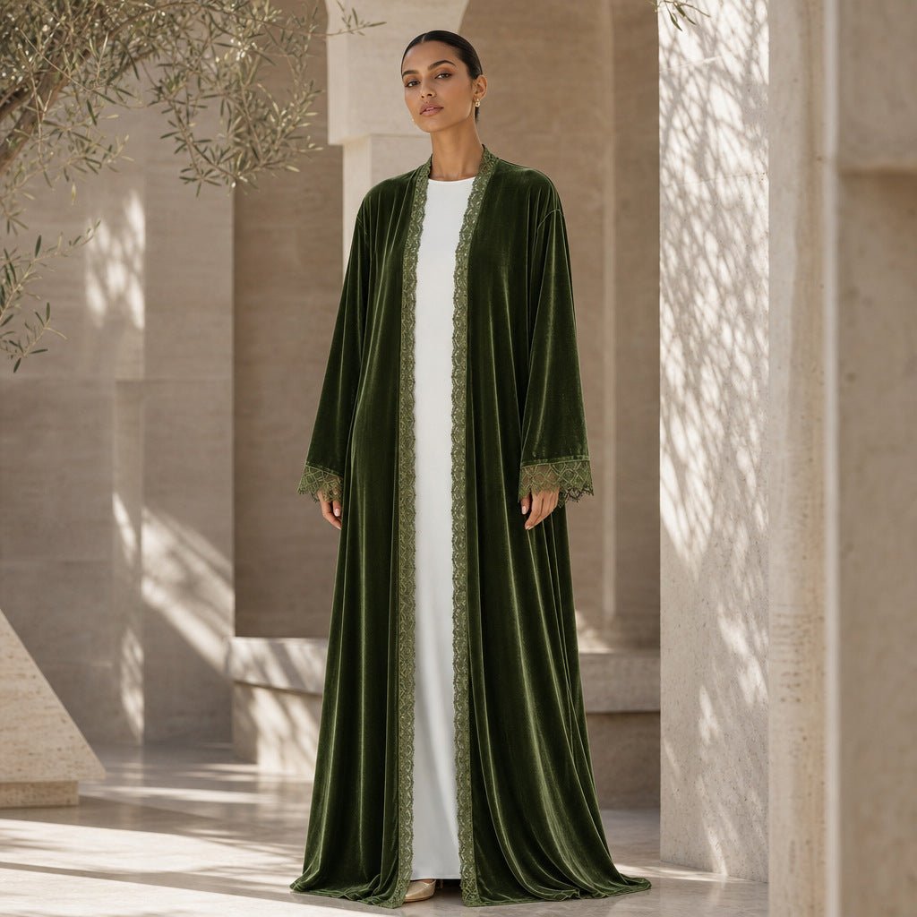 Velvet-Look Lace-Panel Open Abaya – Longline Velvet Abaya