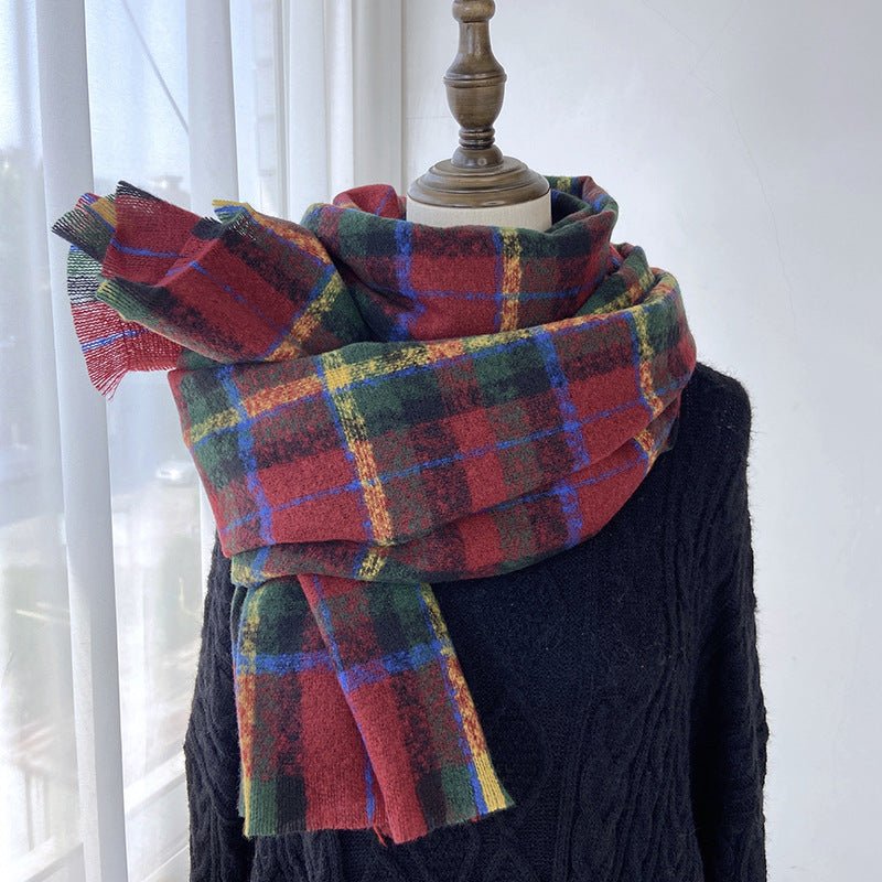 Vibrant Plaid Scarf Faux Wool Warm Shawl with Fringe (MAC334) - Mariam's Collection