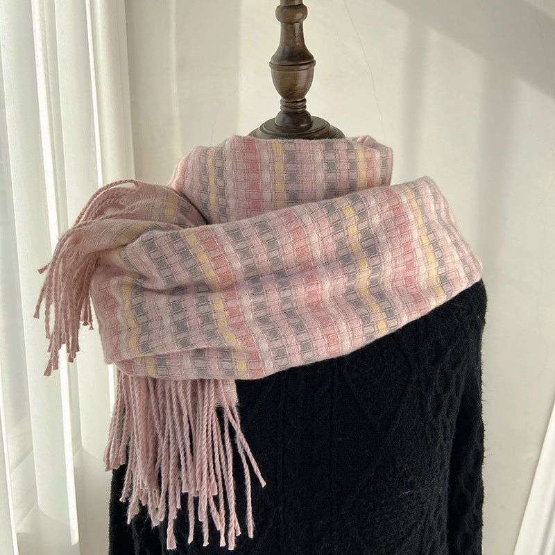 Vibrant Plaid Scarf Faux Wool Warm Shawl with Fringe (MAC334) - Mariam's Collection