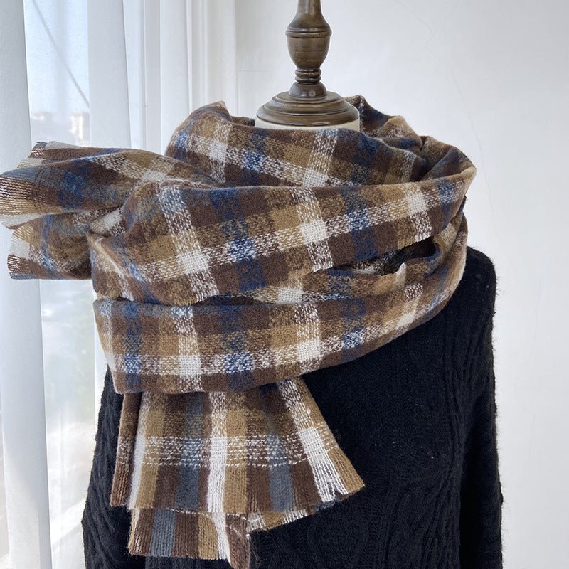 Vibrant Plaid Scarf Faux Wool Warm Shawl with Fringe (MAC334) - Mariam's Collection