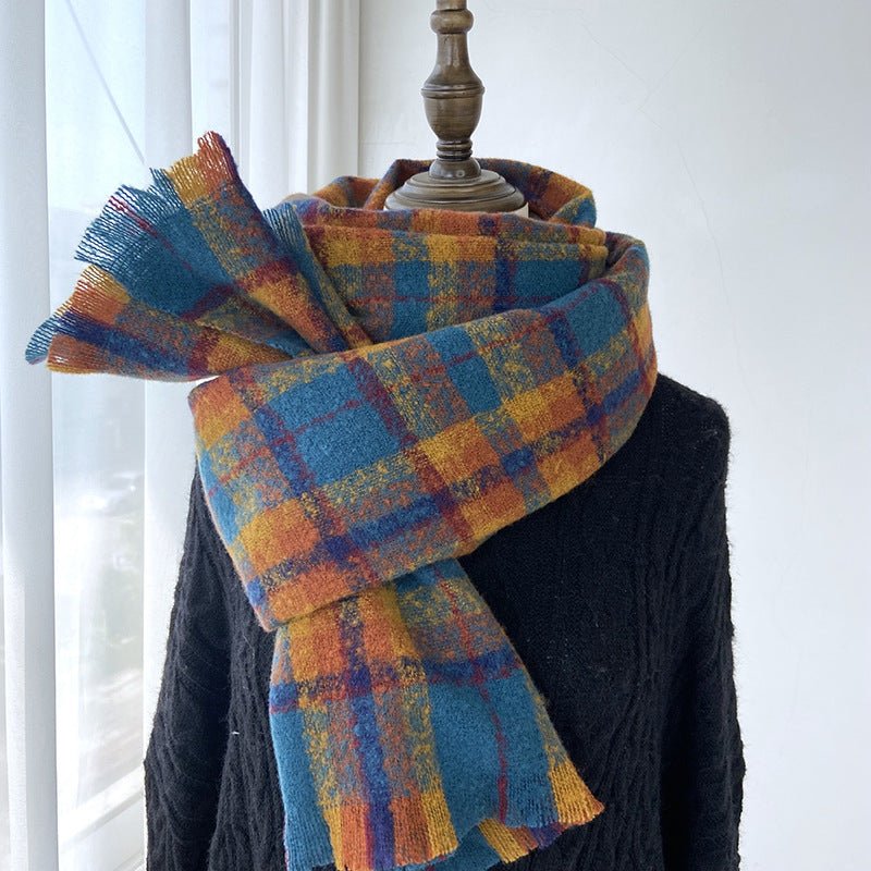 Vibrant Plaid Scarf Faux Wool Warm Shawl with Fringe (MAC334) - Mariam's Collection