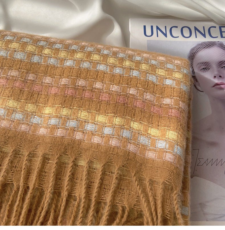 Vibrant Plaid Scarf Faux Wool Warm Shawl with Fringe (MAC334) - Mariam's Collection