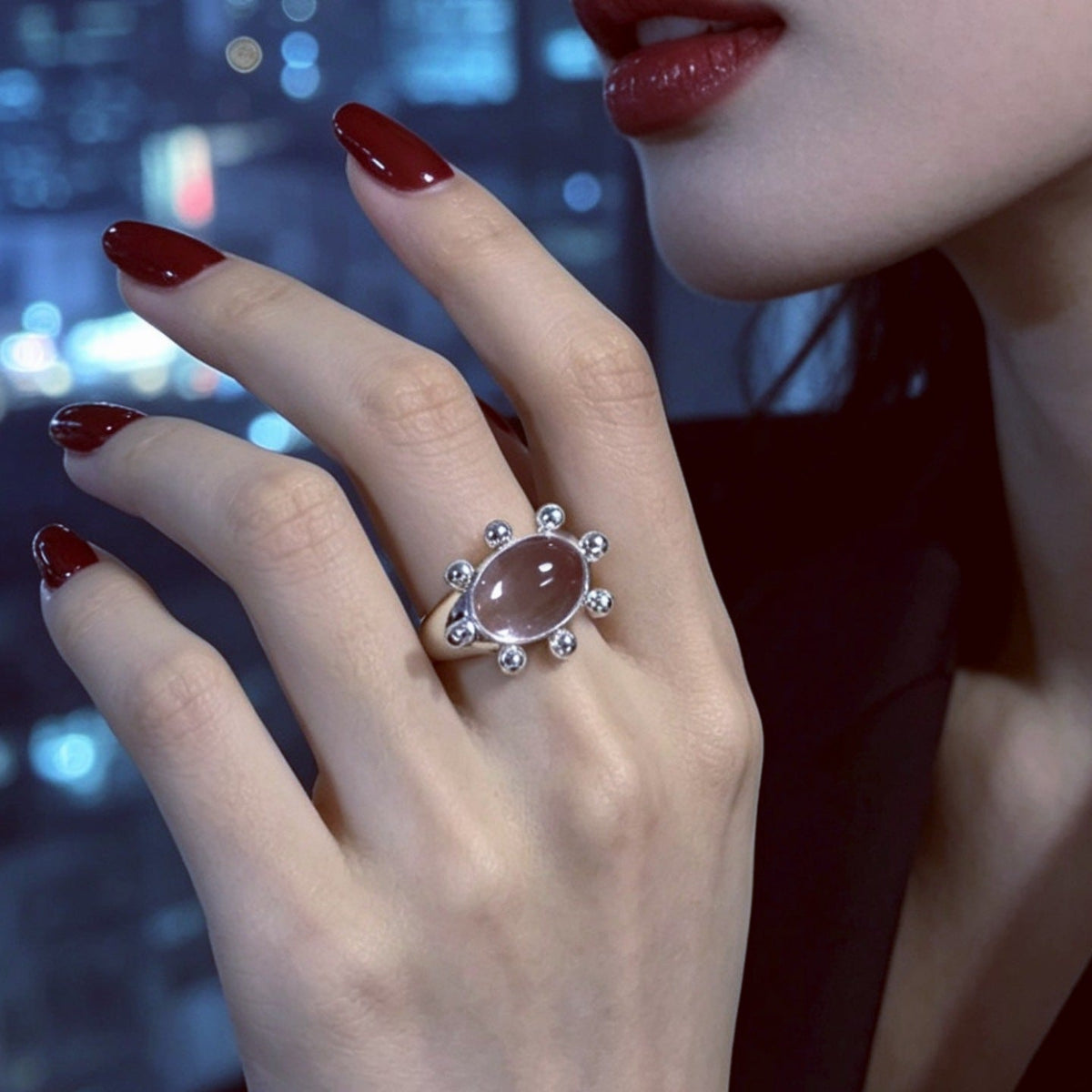 Side profile showing adjustable open band construction of the statement ring