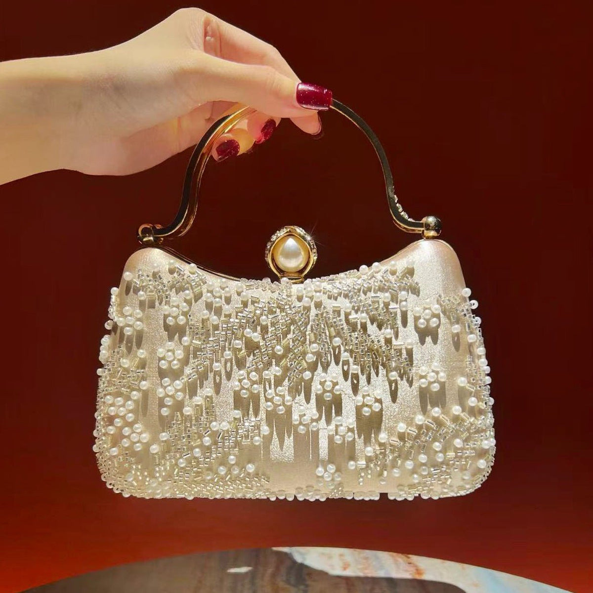 Vintage Pearl Evening Clutch Bag – Rhinestone Embroidered Purse