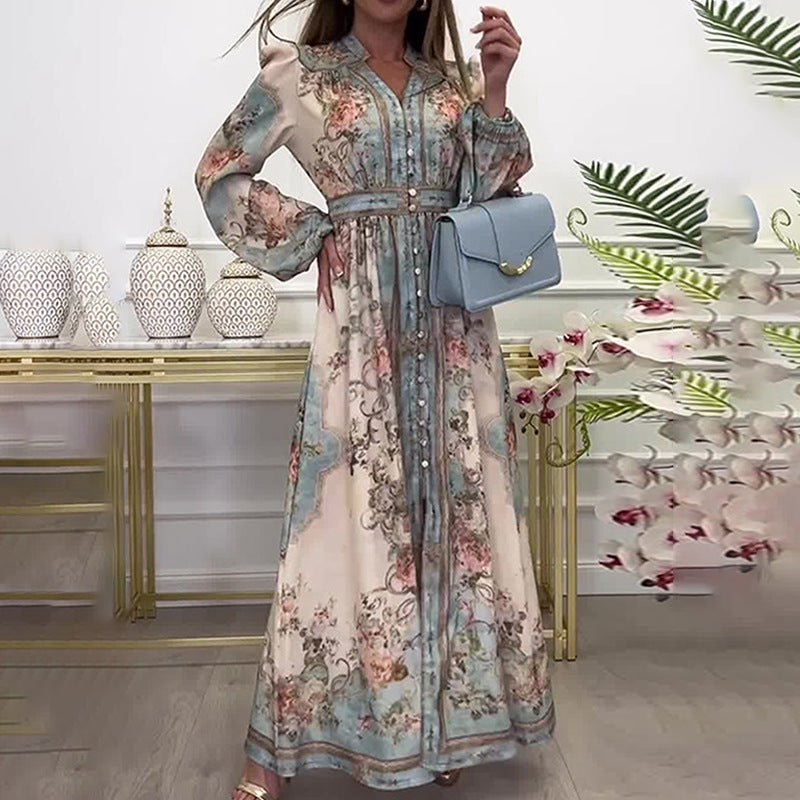 Vintage Floral Maxi Dress | V - Neck Long Sleeve Victorian Style Dress(MA378) - Mariam's Collection