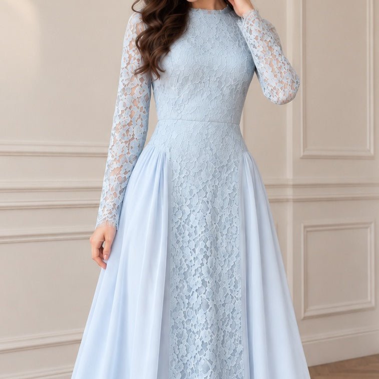 Vintage-Inspired Lace Panel Maxi Dress | Elegant Long-Sleeve A-Line Gown(MS577) - Mariam's Collection