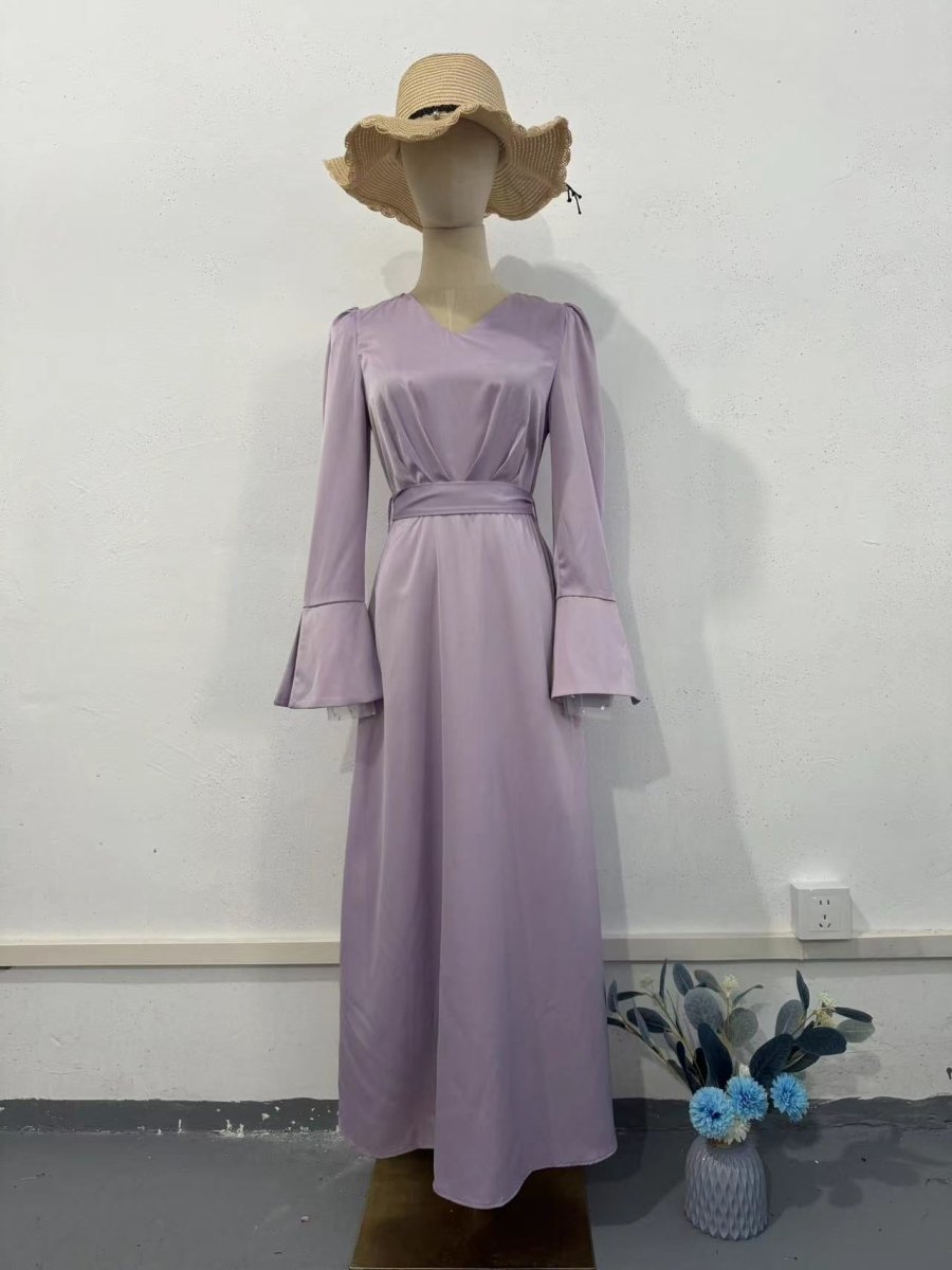 Vintage - Inspired Retro Waist - Tie Long Sleeve V - Neck Bell Sleeve Maxi Dress Abaya. (MA221) - Mariam's Collection