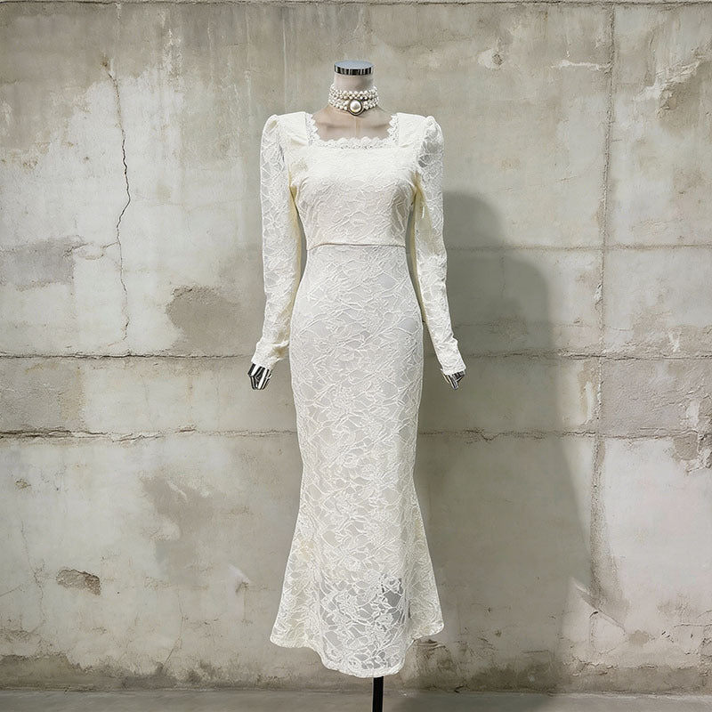 Vintage lace fishtail dress in black with mermaid silhouette and square neckline
