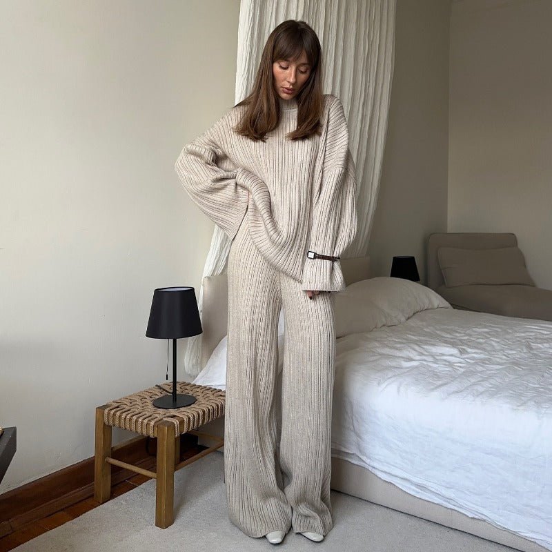 Vintage Ribbed Knit Sweater Set | High Neck Pullover & Wide Leg Pants(MS139) - Mariam's Collection