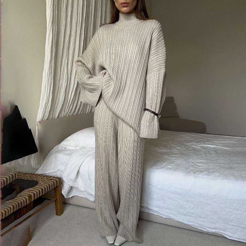 Vintage Ribbed Knit Sweater Set | High Neck Pullover & Wide Leg Pants(MS139) - Mariam's Collection