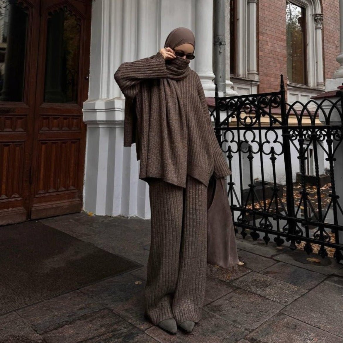 Vintage Ribbed Knit Sweater Set | High Neck Pullover & Wide Leg Pants(MS139) - Mariam's Collection