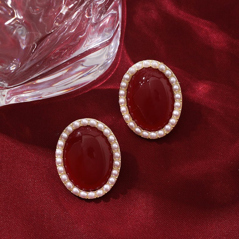 Vintage Wine Red Pearl Stud Earrings(MAC466) - Mariam's Collection