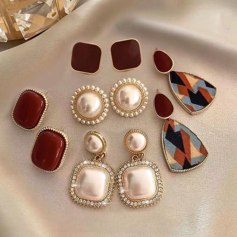Vintage Wine Red Pearl Stud Earrings(MAC466) - Mariam's Collection